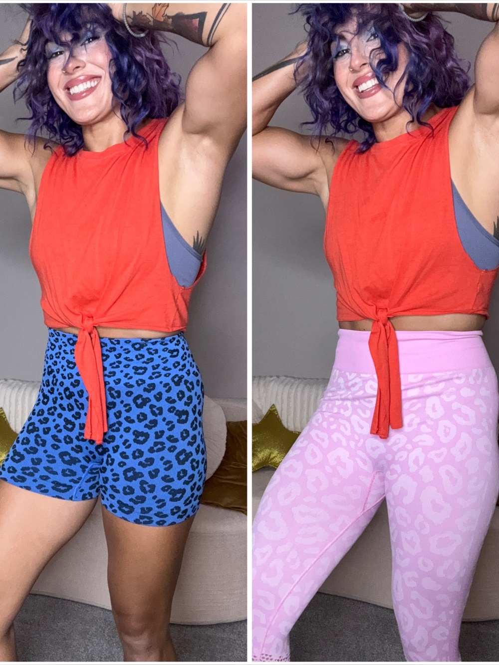 3pc set: orange tank / pink leopard leggings/ blue leopard bicycle shorts